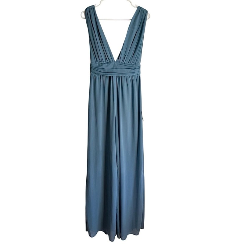 Lulus Divine Muse Slate Blue Plunging V Neck Wide Leg Jumpsuit Size XS NWT