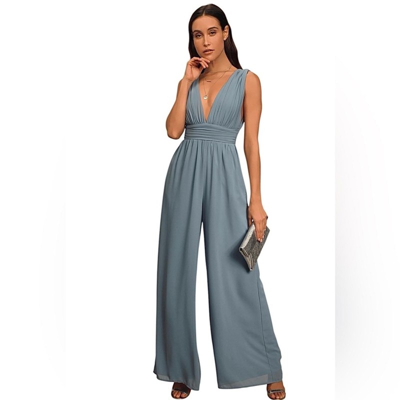 Lulus Divine Muse Slate Blue Plunging V Neck Wide Leg Jumpsuit Size XS NWT