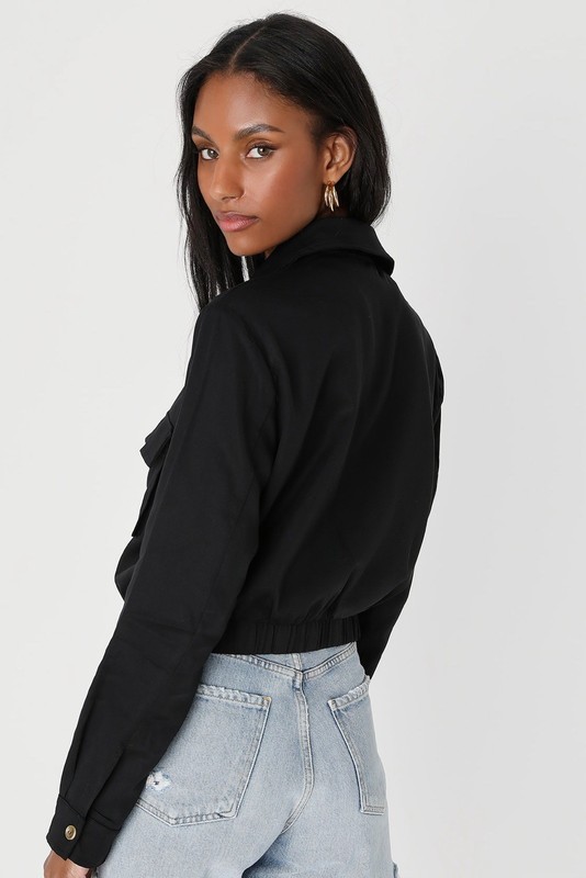 Lulus Eldora Utility Jacket Women's XS Black Cropped Elastic Waist Pockets