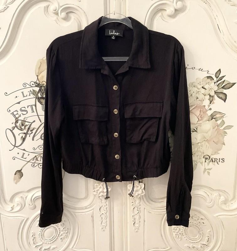 Lulus Eldora Utility Jacket Women's XS Black Cropped Elastic Waist Pockets