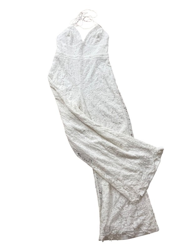 Lulus Halter Jumpsuit Womens Large White Chrochet Palazzo Hem Boho Disco Grecian