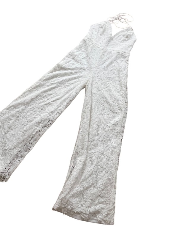 Lulus Halter Jumpsuit Womens Large White Chrochet Palazzo Hem Boho Disco Grecian