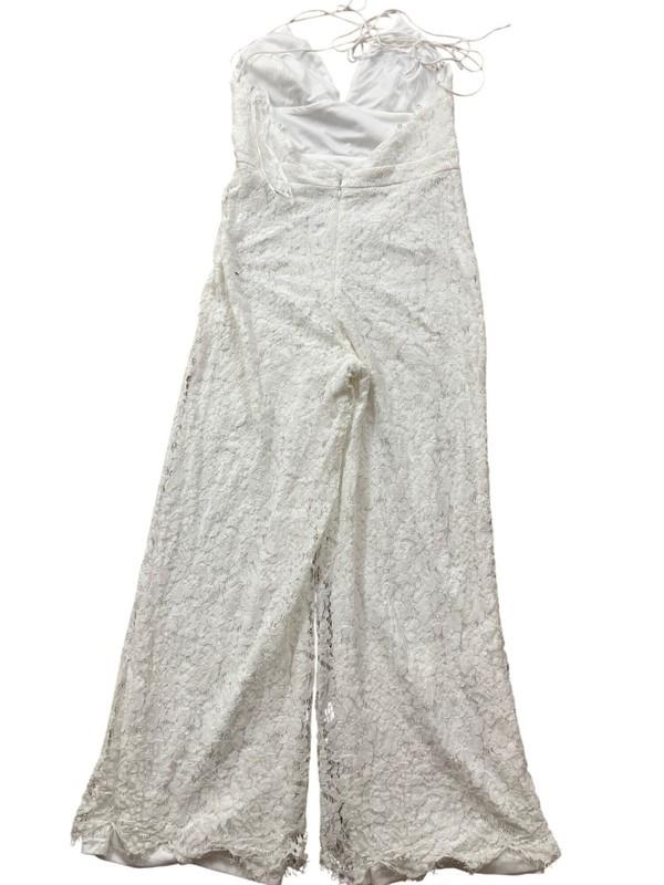 Lulus Halter Jumpsuit Womens Large White Chrochet Palazzo Hem Boho Disco Grecian