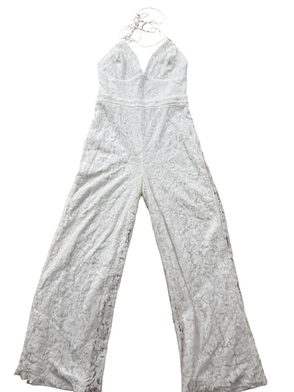 Lulus Halter Jumpsuit Womens Large White Chrochet Palazzo Hem Boho Disco Grecian