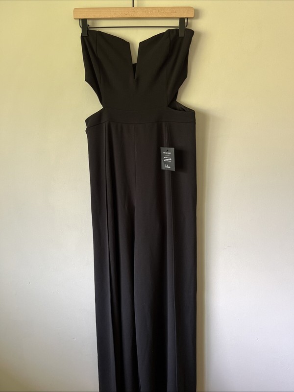 Lulus Make Your Statement Black Strapless Cutout Wide-Leg Jumpsuit Size Large L