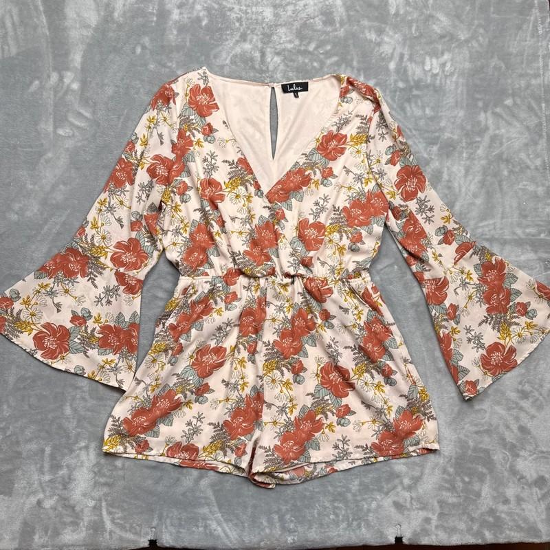 Lulus Women XL Always Thriving Blush Pink Floral Print Bell Sleeve Floral Romper