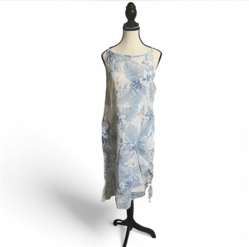 Lungo L’Arno Dress SzS 100% Linen Made In Italy Tropical Flower Side Slit Pocket