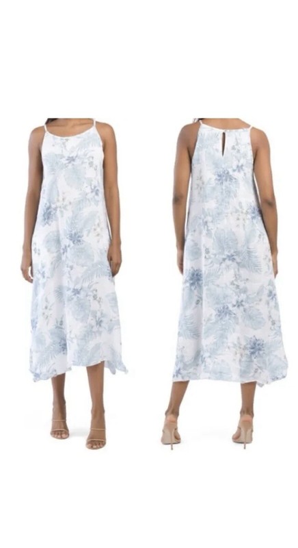 Lungo L’Arno Dress SzS 100% Linen Made in Italy Tropical Flower Side Slit Pocket