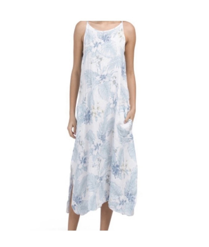 Lungo L’arno Sz L 100% Linen Sleeveless Midi Dress Floral A-Line Pockets NWT