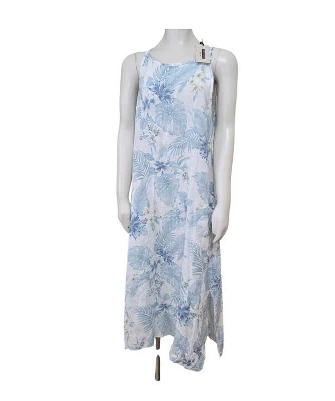 Lungo L’arno Sz L 100% Linen Sleeveless Midi Dress Floral A-Line Pockets NWT