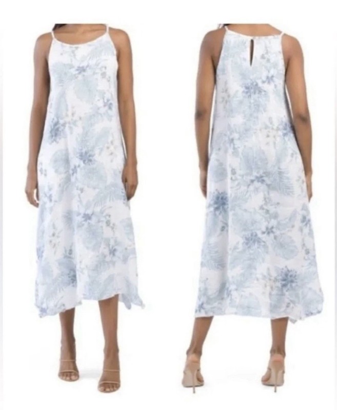 Lungo L’arno Sz L 100% Linen Sleeveless Midi Dress Floral A-Line Pockets NWT