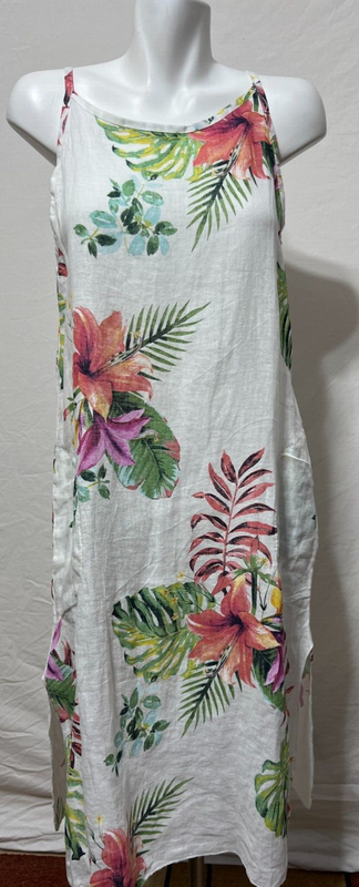 Lungo L'Arno Women Linen Dress Large Italy Summer White Pink Floral New NWT