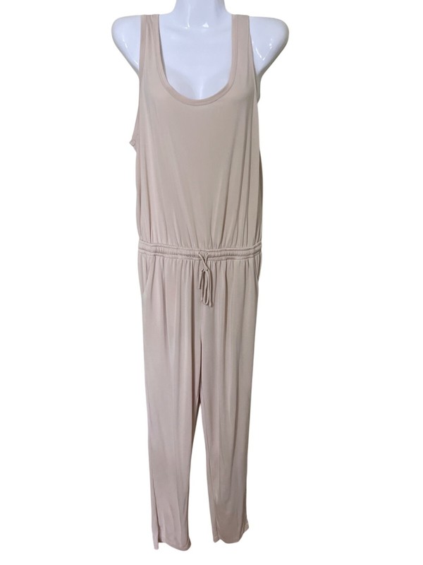 Lush Womens Sleeveless Beige Jumpsuit Large With Elastic Waist & Scoop Neck