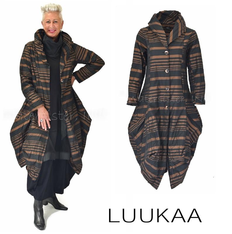 LUUKAA Taffeta 0309 PATRICE Parachute Bubble DUSTER Jacket sz 4-20 BROWN STRIPE