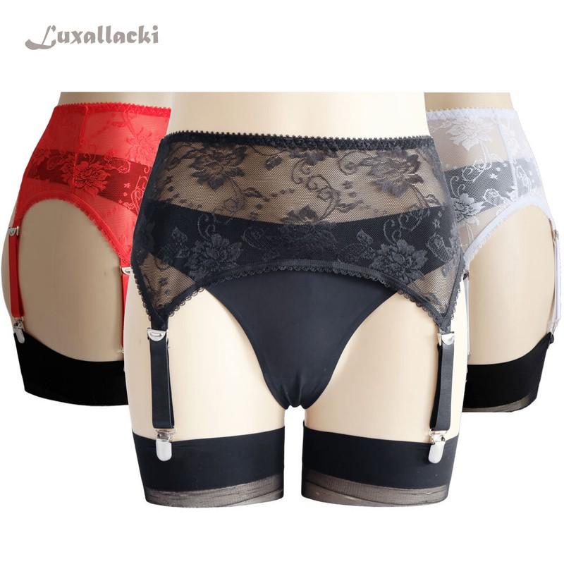 Luxallacki Sheer Floral Lace 4 Straps Suspender Garter Belt Underwear Lingerie