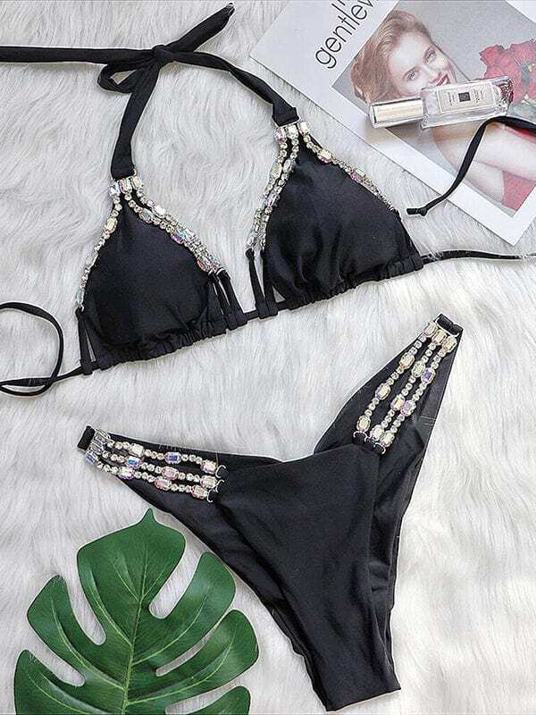 Luxury Black w/ Rhinestone Triangle Top & Cheeky Bottom Set