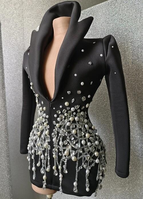 Luxury Party Show Pearls Rhinestones Jacket Stage Wear DJ Singer Bar Nightclub