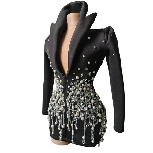 Luxury Party Show Pearls Rhinestones Jacket Stage Wear DJ Singer Bar Nightclub