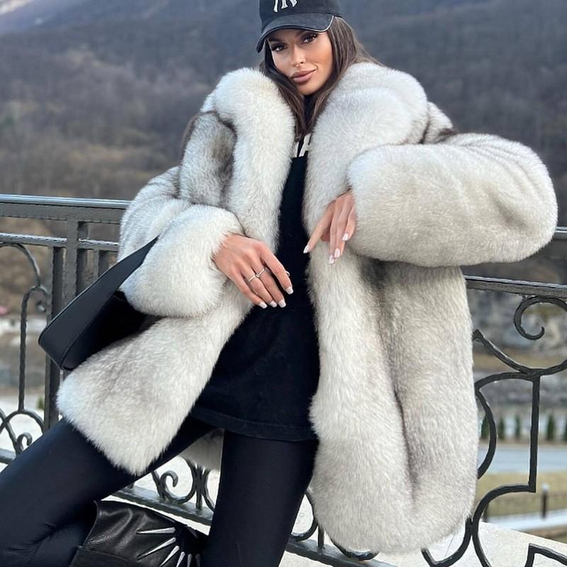 Luxury Women Full Pelt Genuine Fox Fur Overcoat Winter Thick Real Fur Lapel Coat