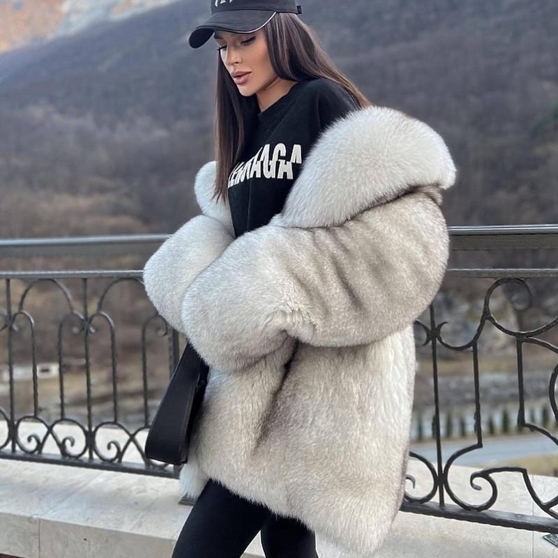 Luxury Women Full Pelt Genuine Fox Fur Overcoat Winter Thick Real Fur Lapel Coat