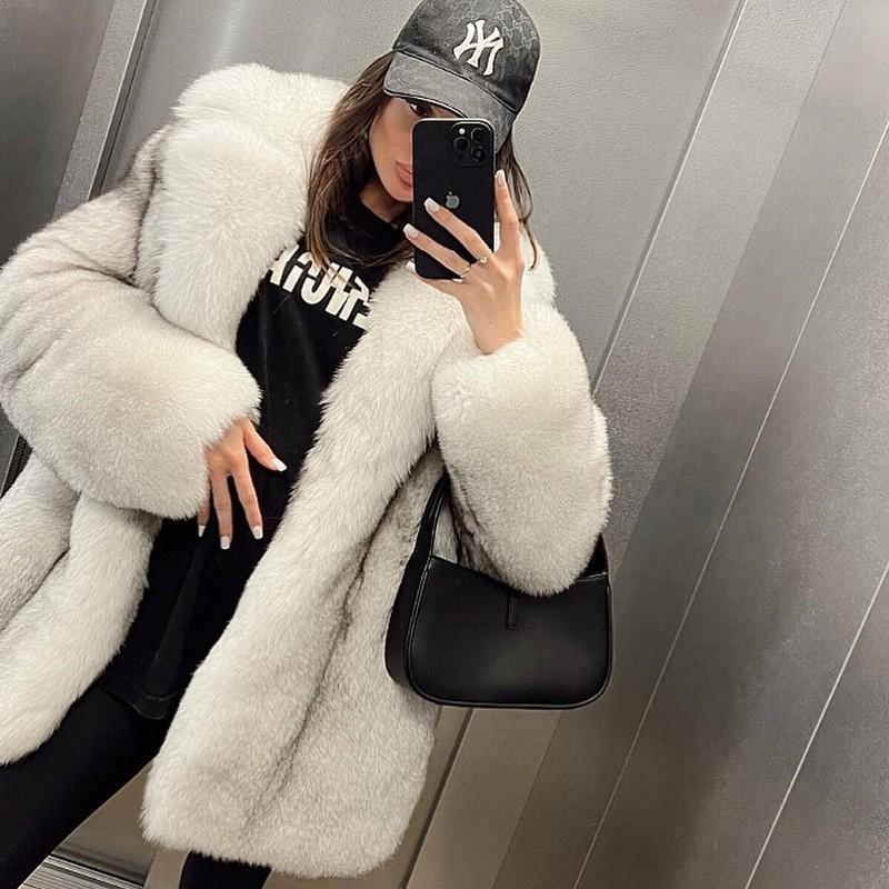 Luxury Women Full Pelt Genuine Fox Fur Overcoat Winter Thick Real Fur Lapel Coat