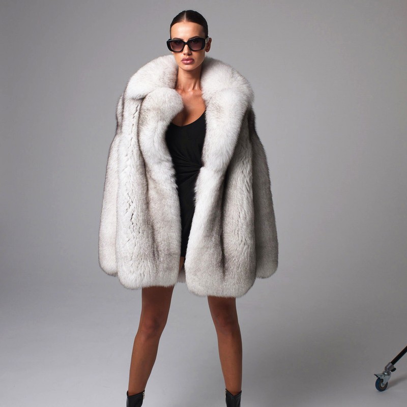 Luxury Women Full Pelt Genuine Fox Fur Overcoat Winter Thick Real Fur Lapel Coat