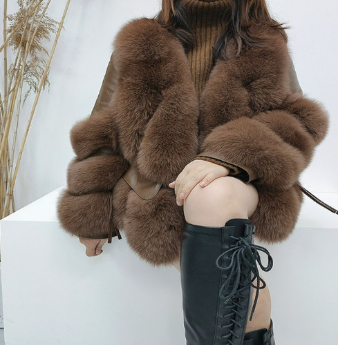 Luxury Womens Real Fox Fur Coat Genuine Sheepskin Leather Jacket Winter Fashion