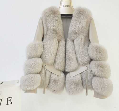 Luxury Womens Real Fox Fur Coat Genuine Sheepskin Leather Jacket Winter Fashion