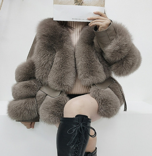 Luxury Womens Real Fox Fur Coat Genuine Sheepskin Leather Jacket Winter Fashion