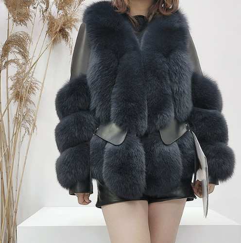 Luxury Womens Real Fox Fur Coat Genuine Sheepskin Leather Jacket Winter Fashion