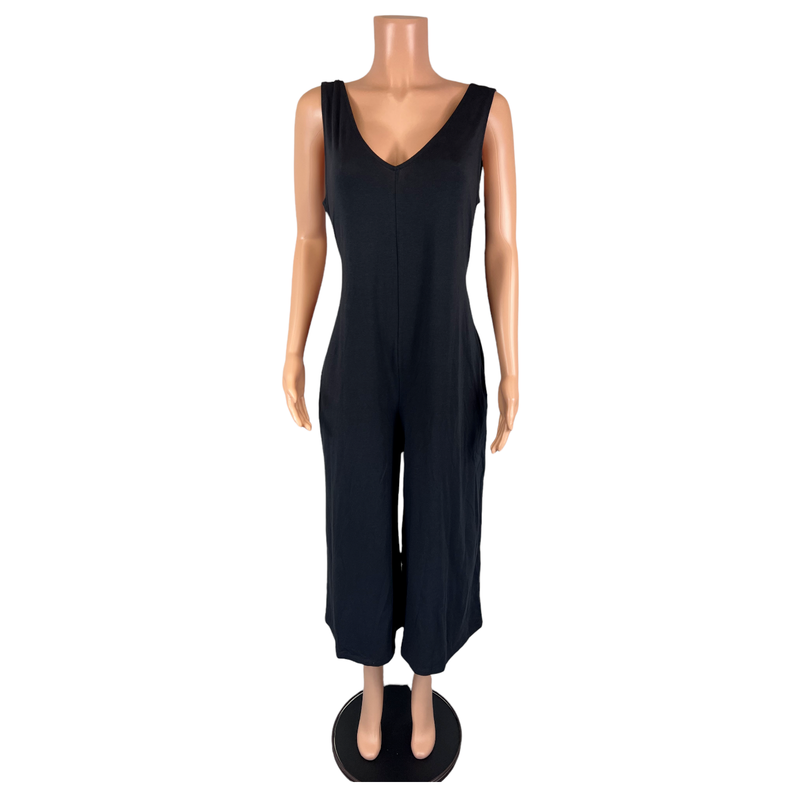 M T AnyBody Loungewear Cozy Knit Wide Leg Jumpsuit Back Tie Black MEDIUM TALL