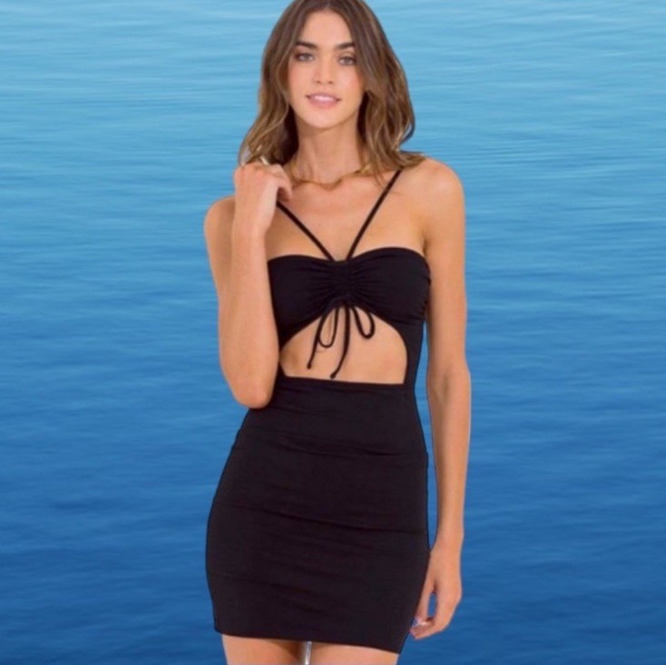 Maaji Tulip Mini Dress / Swim CoverUp Large Black Shirred Front Strappy Neck
