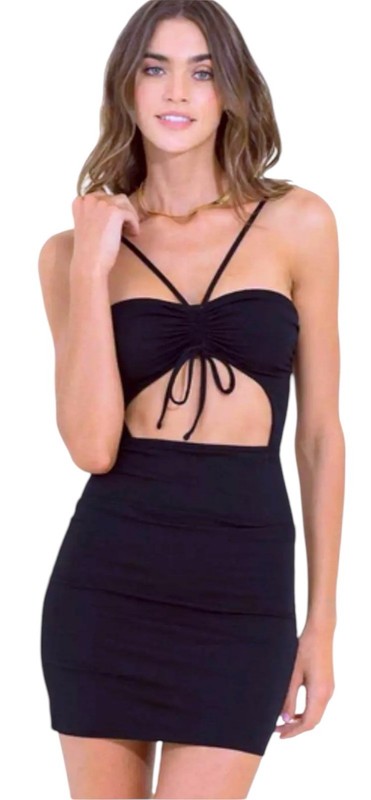 Maaji Tulip Mini Dress / Swim CoverUp Large Black Shirred Front Strappy Neck