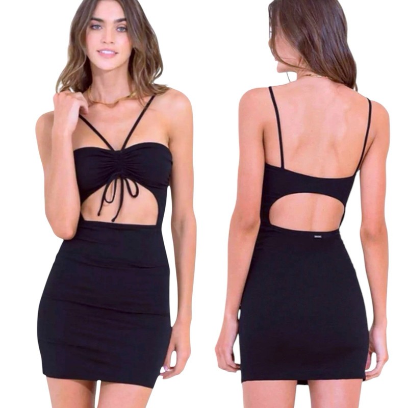 Maaji Tulip Mini Dress / Swim CoverUp Large Black Shirred Front Strappy Neck