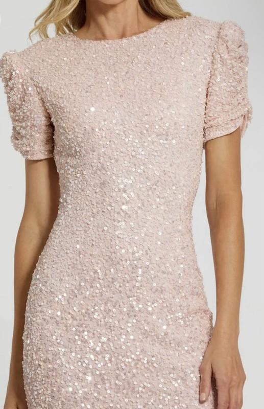 Mac Duggal 24003 Sz 10 Blush Pink Sequined Pearls Puff Sleeve Long Gown $598