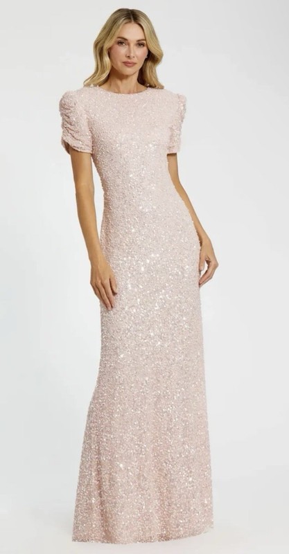 Mac Duggal 24003 Sz 10 Blush Pink Sequined Pearls Puff Sleeve Long Gown $598