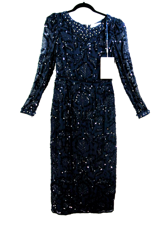 Mac Duggal Beaded & Embroidered Long Sleeve Gown In Navy Size 4 #MD0105