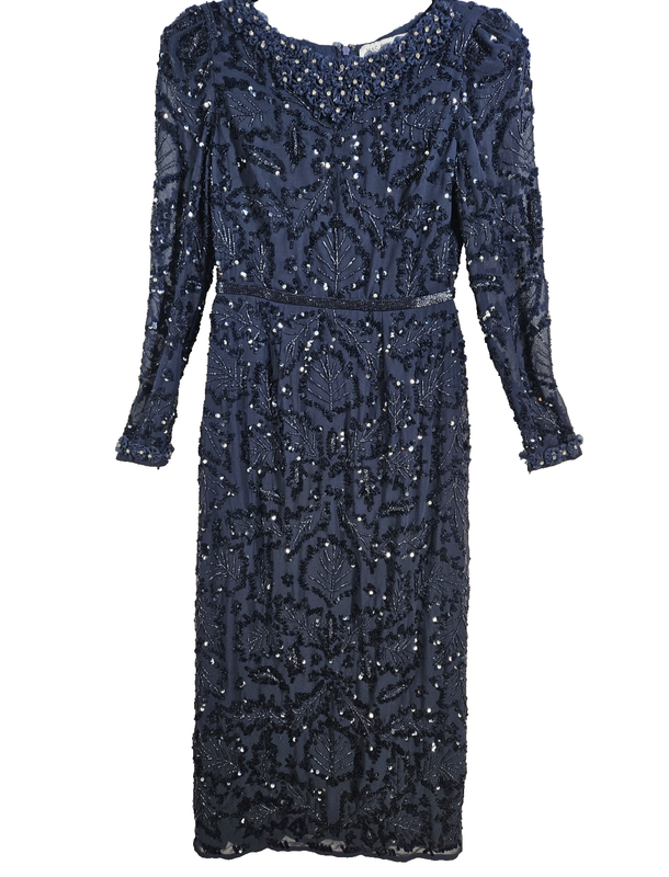 Mac Duggal Beaded & Embroidered Long Sleeve Gown in Navy Size 4 #MD0105
