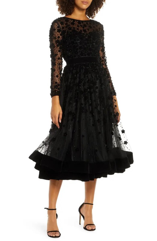 Mac Duggal Black Fit & Flare Velvet Embellished Cocktail Dress Size 16 $498