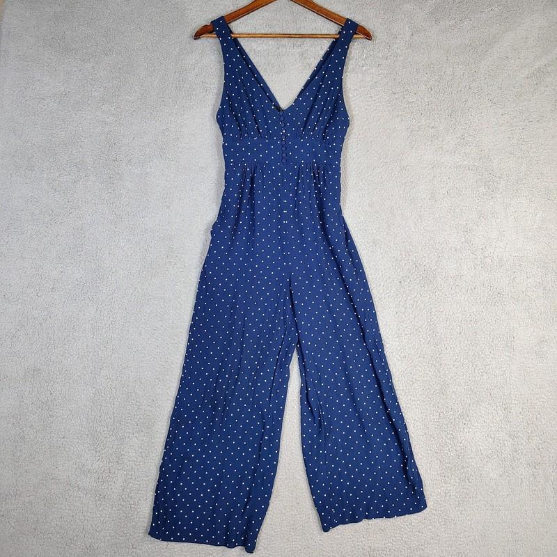 Madewell Jumpsuit Women 00 Navy White Polka Dot Wide Leg V-Neck One-Piece Preppy