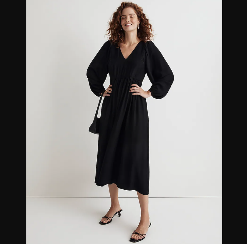 Madewell NEW NWT Womens Medium Black V Neck Empire Midi Dress NO147