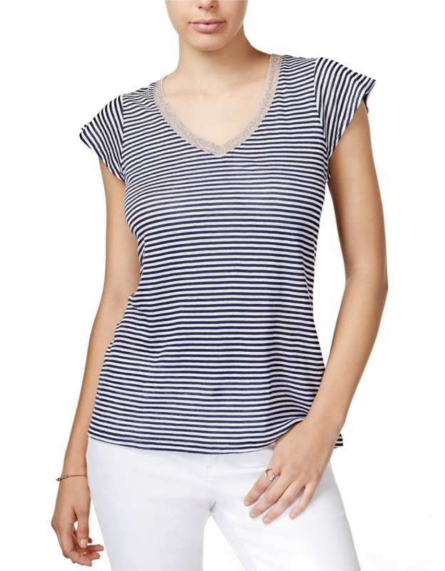 Maison Jules Striped Linen T-Shirt White Blue Gold - Size S Or M *NEW With Tag*