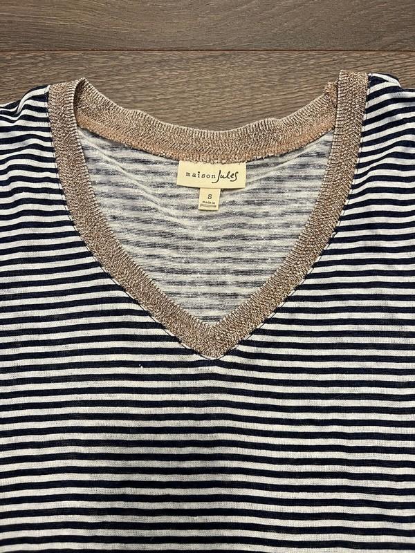 Maison Jules Striped Linen T-Shirt White Blue Gold - Size S Or M *NEW With Tag*