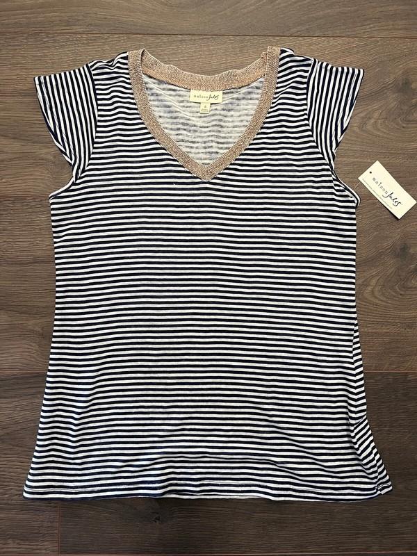 Maison Jules Striped Linen T-Shirt White Blue Gold - Size S or M *NEW with Tag*