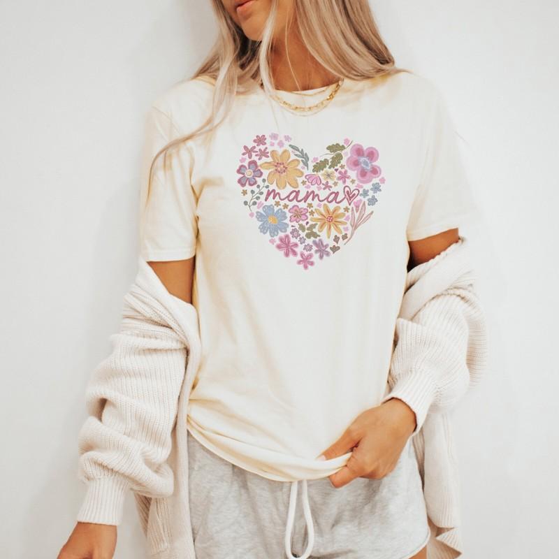 Mama Floral Heart Graphic T Shirt Mothers Day Gift Soft Cotton Tee Shirt