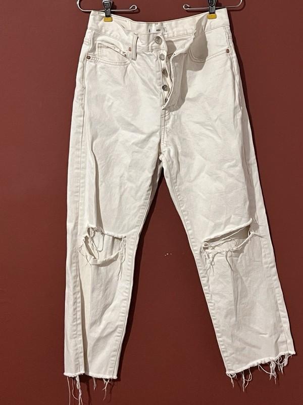 Mango MNG Womens Size 4 Destroyed Straight Leg White Cotton Jeans Frayed Hem