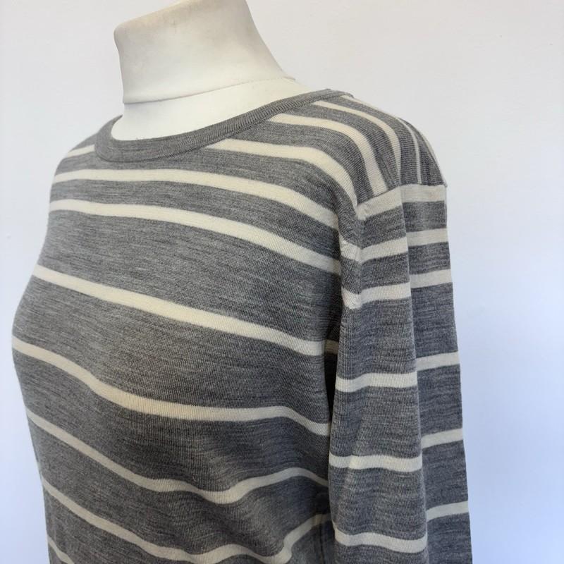 Margaret Howell Jumper Size 14 Grey White Stripe 100% Merino Wool Made In UK