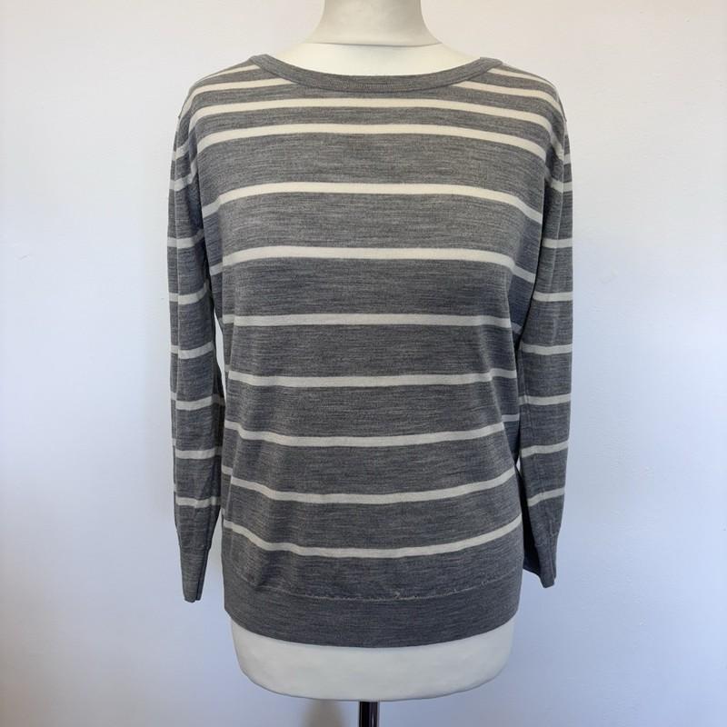 Margaret Howell Jumper Size 14 Grey White Stripe 100% Merino Wool Made In UK