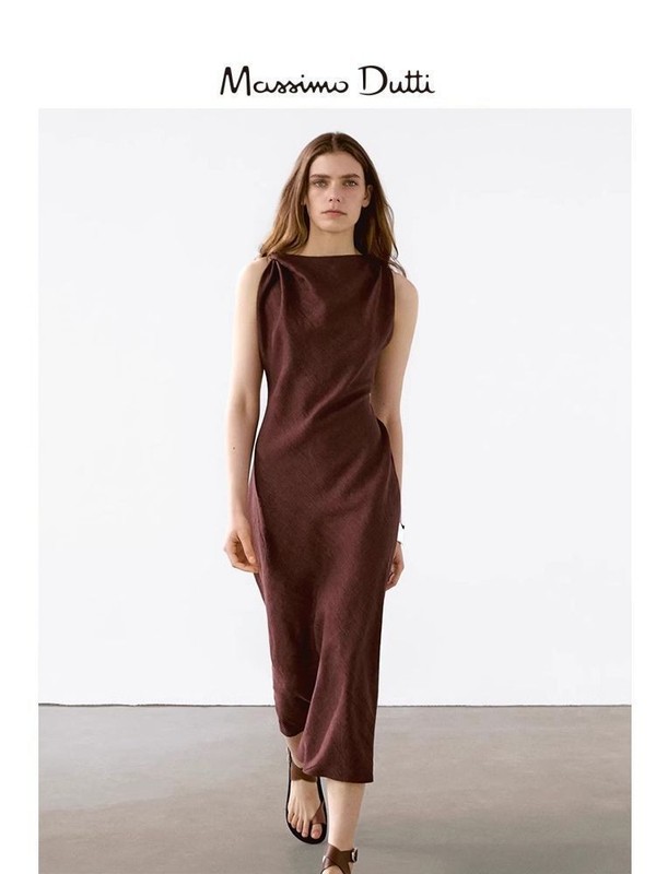 Massimo Dutti Women's Sleeveless Midi Dress Maroon Cotton Blend