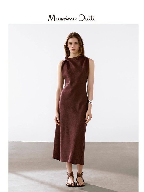 Massimo Dutti Women's Sleeveless Midi Dress Maroon Cotton Blend